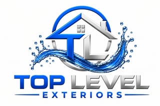 Top Level Exteriors logo featuring a blue roof with swoosh design, white house icon, and water splash elements