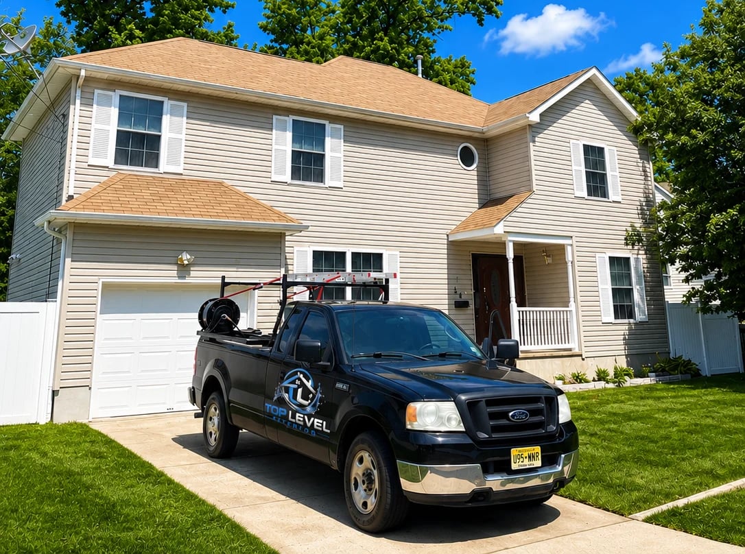Black Ford pickup truck parked in driveway of two-story white house with tan roof on sunny day